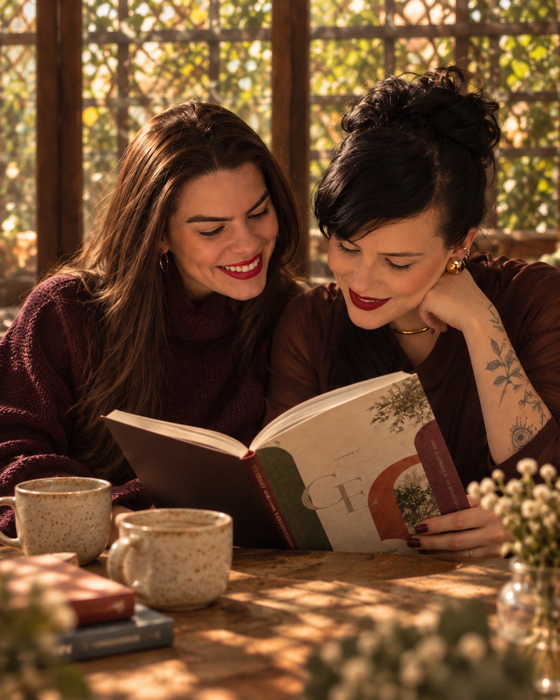 Stella e Manoella em uma mesa com café, livros e cadernos.