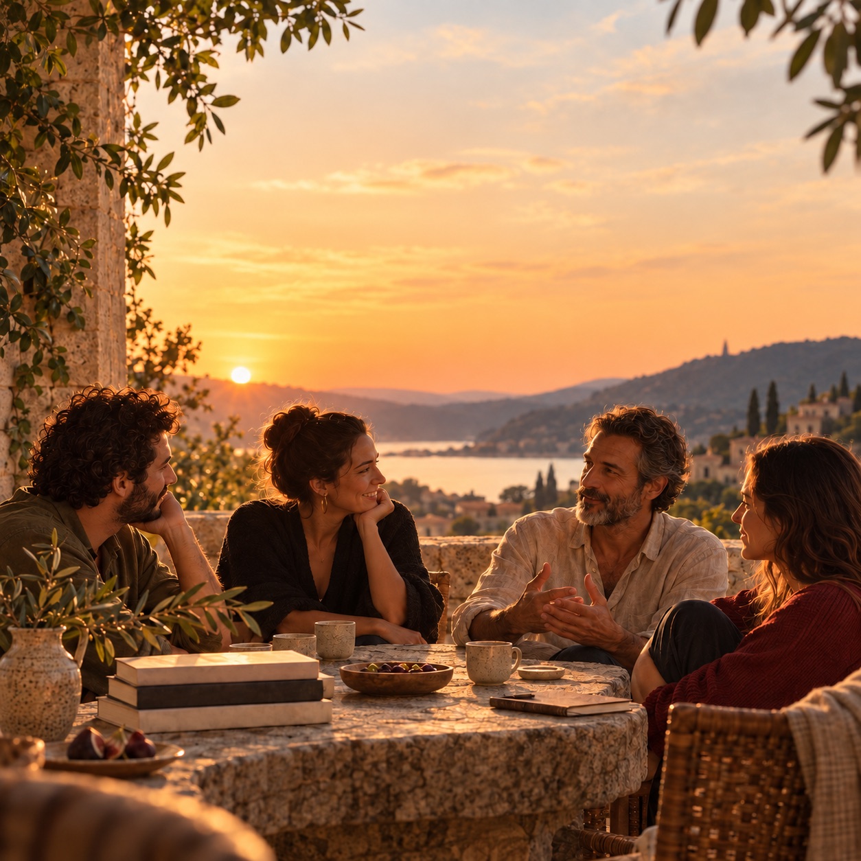 Quatro pessoas conversam ao redor de uma mesa ao ar livre, ao pôr do sol.